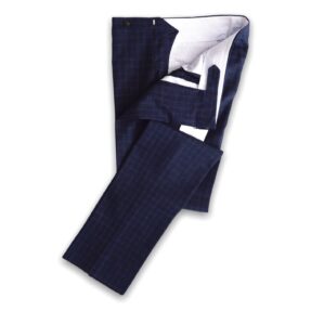 Navy Blue Checked Rota Wool Silk Linen Trousers